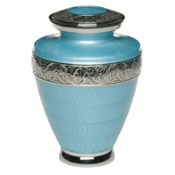 Nickel plated brass cremation urn, light blue with silver bands