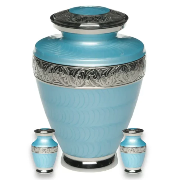 Nickel plated brass cremation urn, light blue with silver bands, with two keepsakes