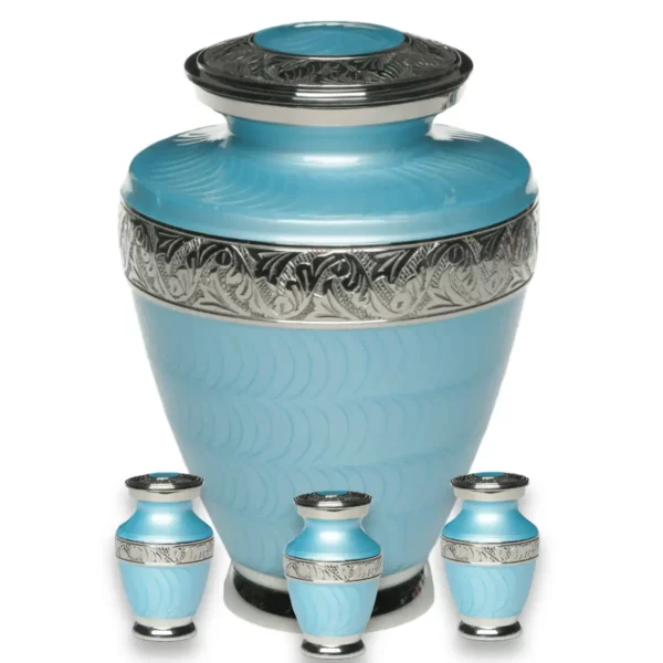Nickel plated brass cremation urn, light blue with silver bands, with 3 keepsakes