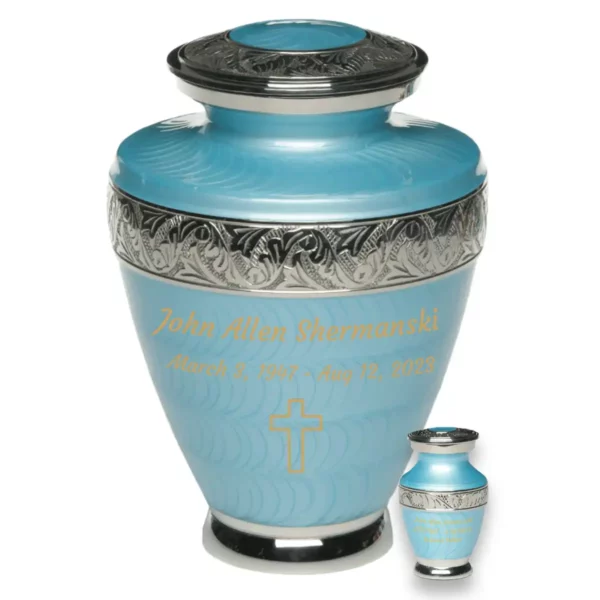 Nickel plated brass cremation urn, light blue with silver bands, with one keepsake, engraved