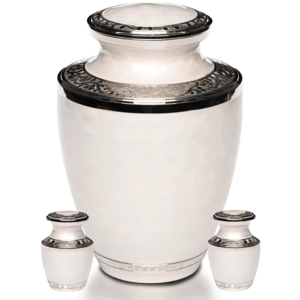 Nickel plated brass cremation urn with 2 keepsakes, white
