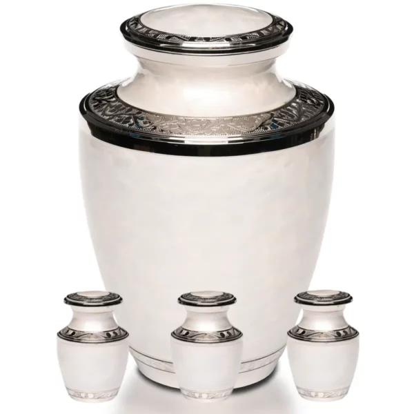 Nickel plated brass cremation urn with 3 keepsakes, white
