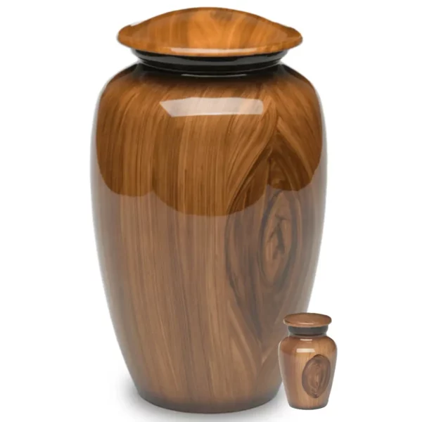 Aluminum funeral cremation urn with woodgrain finish, full and keepsake