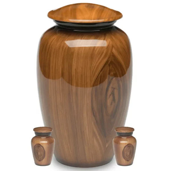 Aluminum funeral cremation urn with woodgrain finish, full and 2 keepsakes
