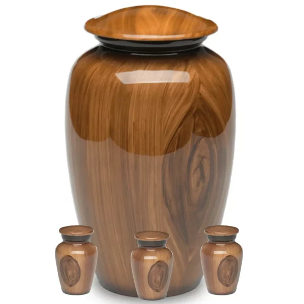 Aluminum funeral cremation urn with woodgrain finish, full and 3 keepsakes