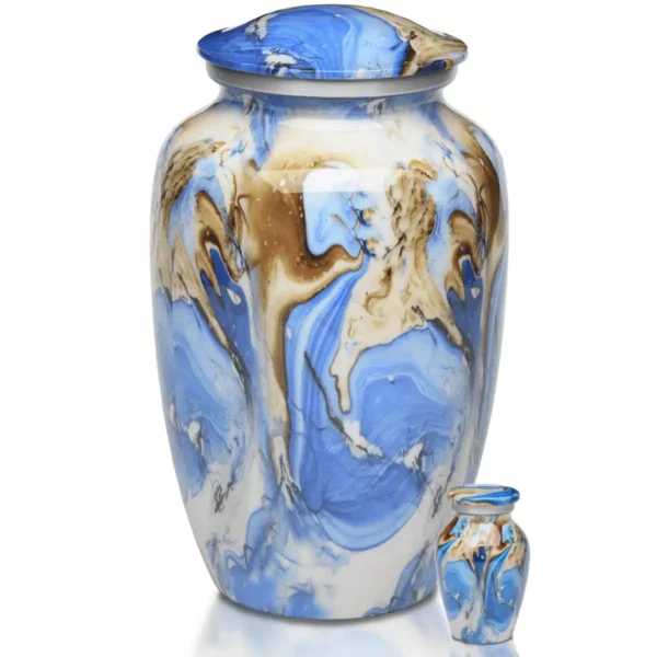 Aluminum funeral cremation urn, blue brown swirl color, adult and keepsake