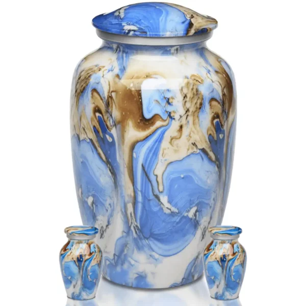 Aluminum funeral cremation urn, blue brown swirl color, adult and 2 keepsakes