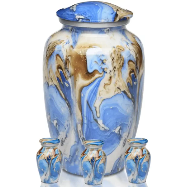 Aluminum funeral cremation urn, blue brown swirl color, adult and 3 keepsakes