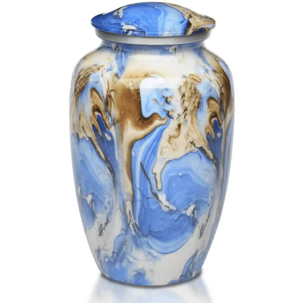 Aluminum funeral cremation urn, blue brown swirl color, adult size