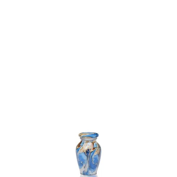 Aluminum funeral cremation urn, blue brown swirl color, keepsake size