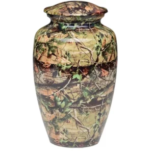 Aluminum funeral cremation urn, camouflage pattern, adult size