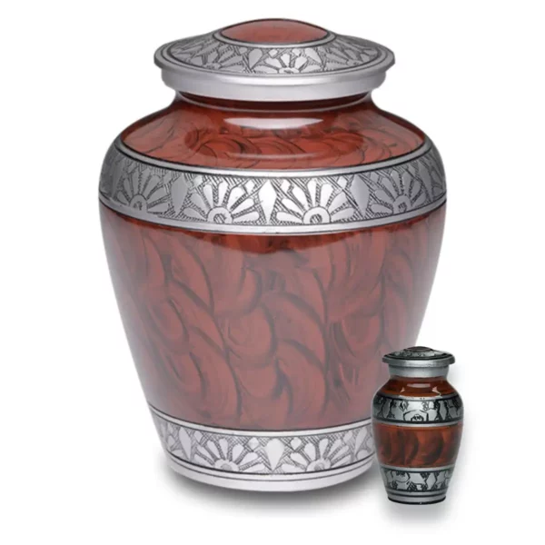 Aluminum funeral cremation urn, espresso brown with pewter feather bands, adult and keepsake