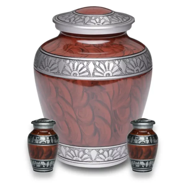 Aluminum funeral cremation urn, espresso brown with pewter feather bands, adult and 2 keepsakes