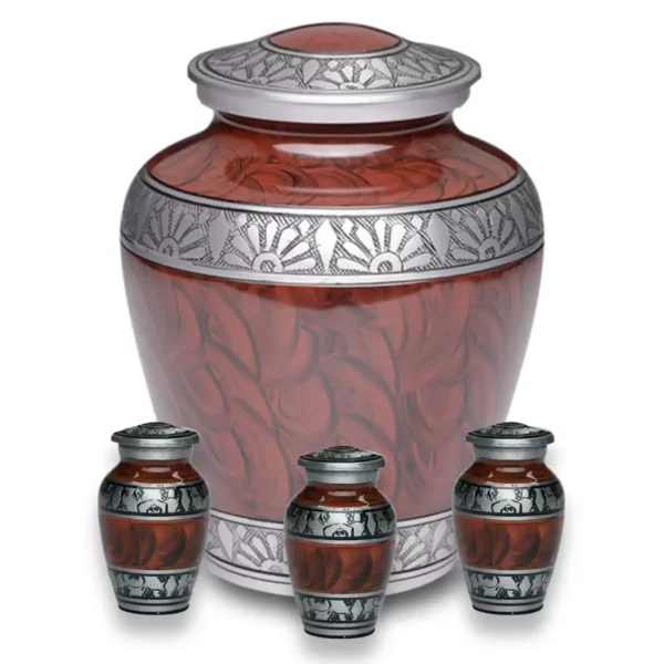Aluminum funeral cremation urn, espresso brown with pewter feather bands, adult and 3 keepsakes