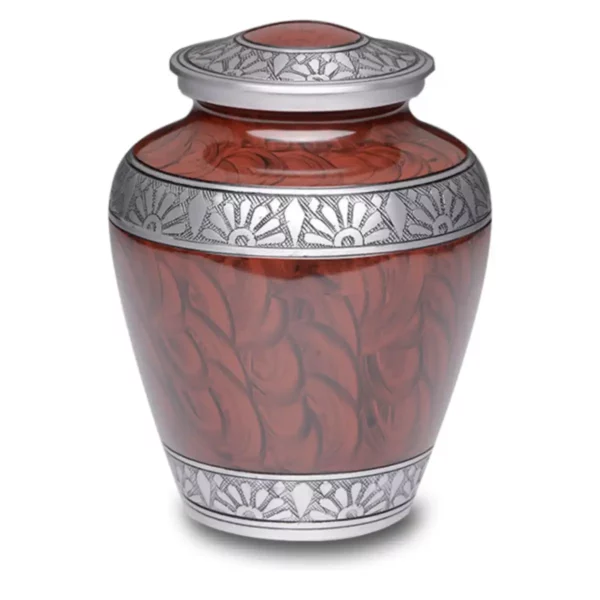 Aluminum funeral cremation urn, espresso brown with pewter feather bands, adult size