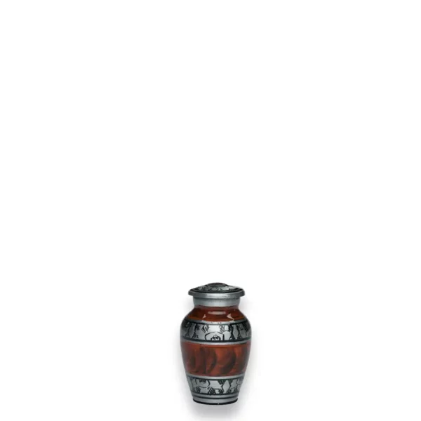Aluminum funeral cremation urn, espresso brown with pewter feather bands, keepsake size