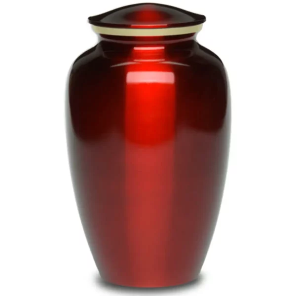 Brass memorial cremation urn, shiny red with gold band, adult size