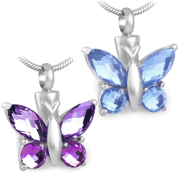 Cut Glass Butterfly cremation pendant, stainless steel, with chain, purple and blue stones