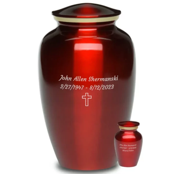 Brass memorial cremation urn, shiny red with gold band, adult and keepsake size, engraved